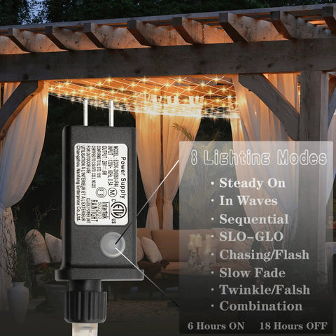 Outdoor Fairy Net Lights 270 LED Chandelier for Gazebo pergola shown with 8 lighting modes and control plug