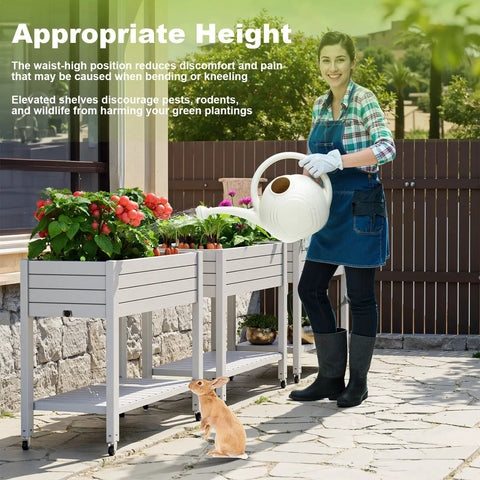 Person watering vegetables in an Elevated Raised Garden Bed With Locking Wheels, Large Resin Outdoor Planter Box Stand