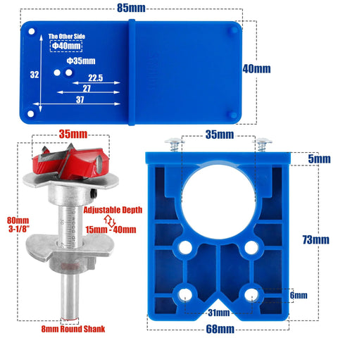Blue Yakamoz 35mm concealed hinge jig kit by Amazon with adjustable depth carbide Forstner drill bit and mounting guide