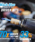 Premium 15-Piece Drill Bit And Impact Driver Kit Featuring Mach-Blue Tough Tip Steel For Heavy Duty Projects With 70X Longer Life Plus Impactive Alloy Torsion Zones That Flex To Stop Breakage And Boost Power For Serious Pros And Doers. Mach-Blue driver bit in drill chuck