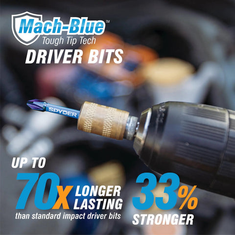 Premium 15-Piece Drill Bit And Impact Driver Kit Featuring Mach-Blue Tough Tip Steel For Heavy Duty Projects With 70X Longer Life Plus Impactive Alloy Torsion Zones That Flex To Stop Breakage And Boost Power For Serious Pros And Doers. Mach-Blue driver bit in drill chuck
