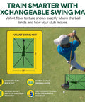Diagram and top view of man using velvet swing mat from All-In-One Golf Practice Net Set With Dual Mats 3 Tees And 5 Balls