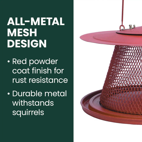 Durable Wild Bird Feeder With Diamond Mesh And 360 Degree Seed Tray For Clinging And Perching Birds, 2.5 Lb Seed Capacity, Feeds Up To 15 At Once, Red Hanging Backyard Decor For Year Round Birds with all-metal mesh design and rust-resistant red finish