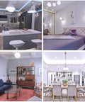 Collage of living spaces showcasing modern lighting fixtures, including pendant lights and wall sconces in various room settings.