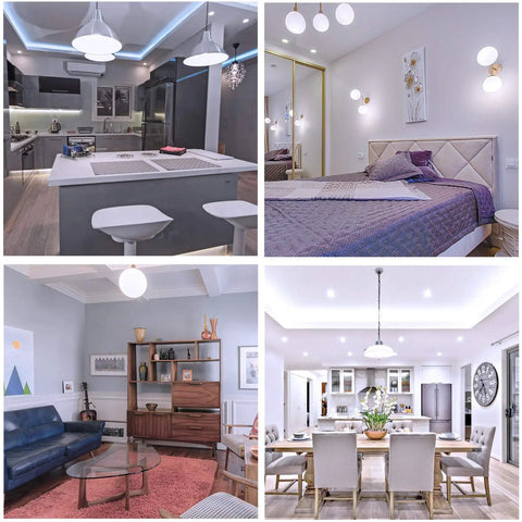 Collage of living spaces showcasing modern lighting fixtures, including pendant lights and wall sconces in various room settings.