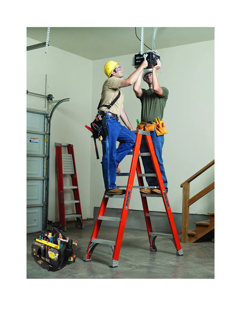 Men working on ladder with 16 Inch Center Tray Tool Bag With 16 Pockets Built Tough Heavy Duty Tool Organizer at base