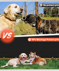 Before and after comparison showing two dogs with wire fence versus 6 Foot By 50 Foot Privacy Screen Fence Heavy Duty Windscreen 220 GSM HDPE With 98 Percent Coverage Black For Patios Poolside And Creating Cozy Outdoor Privacy Spaces.