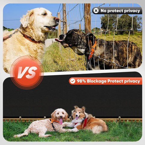 Before and after comparison showing two dogs with wire fence versus 6 Foot By 50 Foot Privacy Screen Fence Heavy Duty Windscreen 220 GSM HDPE With 98 Percent Coverage Black For Patios Poolside And Creating Cozy Outdoor Privacy Spaces.
