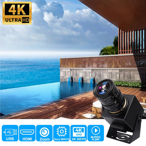 4K Webcam With Dual HDMI USB Interface Manual Zoom 2.8-12mm CS Mount Lens by poolside, ideal for industrial machine vision, IMX415 sensor