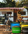 Four Waterproof RV Hose Storage Bags set in front of an RV, showing blue, green, yellow, and black bags for organized storage.