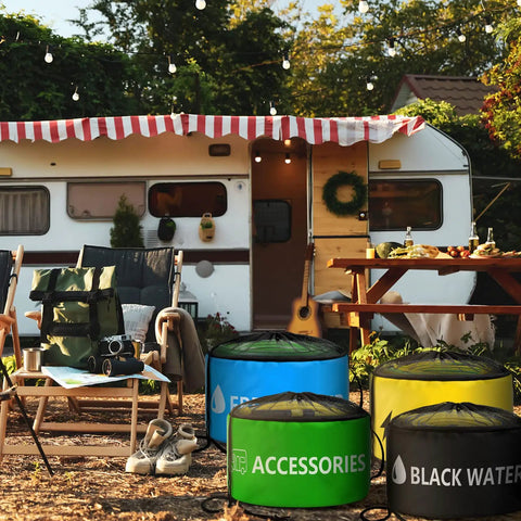 Four Waterproof RV Hose Storage Bags set in front of an RV, showing blue, green, yellow, and black bags for organized storage.