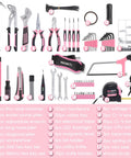 Pink 219-Piece Tool Set For Women With 16 Inch Tool Bag, showcasing various hand tools and accessories for home maintenance.