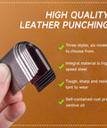Hand holding leather punch set on brown background with text on high-quality features. 27 Piece Leather Punch Kit With 9 Round Punches And 18 Specialty Punches For Leatherworking Includes EVA Case And Rubber Mat For Belts Straps And Bags Pro Grade Do It Yourself Friendly Belt End Punch Set.