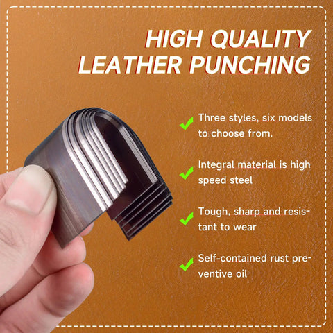 Hand holding leather punch set on brown background with text on high-quality features. 27 Piece Leather Punch Kit With 9 Round Punches And 18 Specialty Punches For Leatherworking Includes EVA Case And Rubber Mat For Belts Straps And Bags Pro Grade Do It Yourself Friendly Belt End Punch Set.