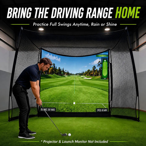 Golfer practicing with 11 X 8 Ft Golf Net With HD Impact Screen And Target Cloth Five Ply Impact Resistant Netting in home setup