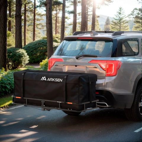 SUV with Beefy 60 Inch Hitch Cargo Carrier Basket, 23 Inch Wide By 5.5 Inch Deep, 2 Inch Receiver, 500 Lb Capacity, on forest road