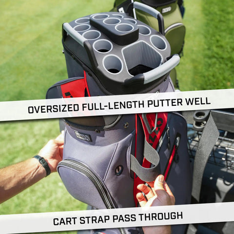 Ultimate Organizer Golf Cart Bag With Patent Pending 14 Way Top, Full Length Club Tubes, Oversized Putter Well, Grey Red