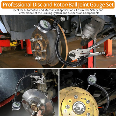 Pro Grade Disc Brake Rotor Gauge Dial Indicator With 1 Inch And 0.0005 Inch Digital Runout Ball Joint Runout Tool 360 Degree Flexible Arm Tight Grip Locking Vise For Automotive And Mechanical Gearhead Must Have shown in use on vehicle brake disc
