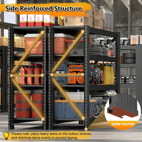 Industrial Grade Premium Badass Heavy Hitting Tough As Nails Metal Shelving Unit With Adjustable Black Steel Decks for Workshop Tools Equipment and Bulk Storage showing reinforced structure.