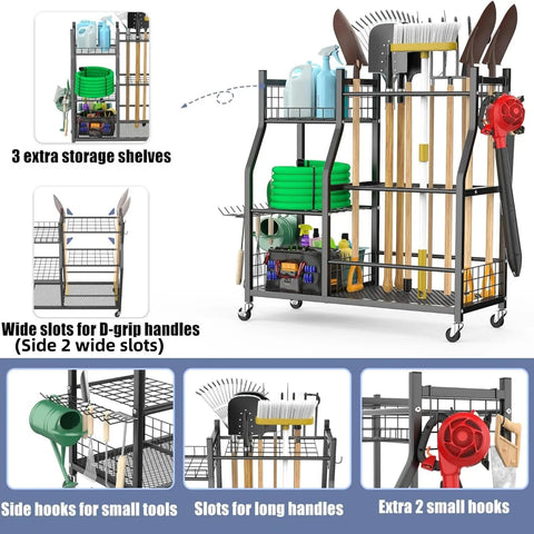 Garden Tool Organizer With Wheels Rolling Cart For Garage And Shed Large Upright Stand For Rakes Shovels And Long Handled Yard Tools Indoor Outdoor Storage with multiple slots and shelves