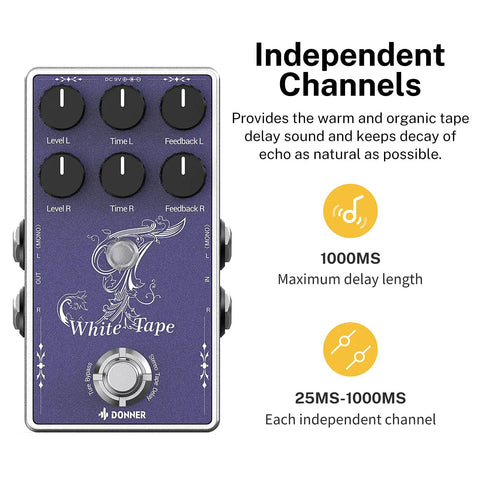 Close-up of White Tape Stereo Delay Pedal With Analog Echo True Bypass And Two Independent Channels for Guitar Bass