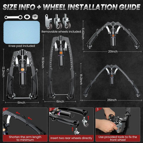 3 In 1 Hydraulic Arm Trainer For Home Gym With Ab Roller Wheels And Hooks Adjustable 22 To 440 Lbs Resistance Size Guide
