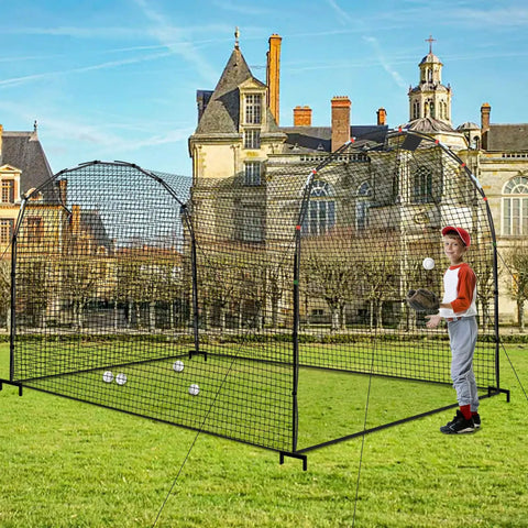 Portable Baseball And Softball Batting Cage Net With Frame For Backyard Practice, 13 Foot Long By 10 Foot Wide, in use by child.