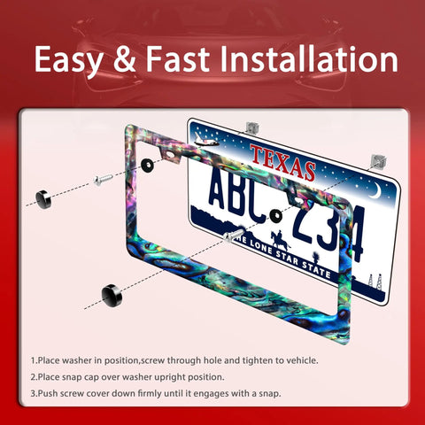 Installation guide for Iridescent Faux Abalone Shell License Frame Dope Seashell Look Stainless Steel Car Decor Two Hole Design