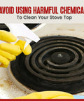 Person cleaning stove burner with spray bottle, concept for Heavy Duty Disposable Stove Burner Liners Pack For Electric Stoves.