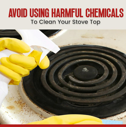 Person cleaning stove burner with spray bottle, concept for Heavy Duty Disposable Stove Burner Liners Pack For Electric Stoves.