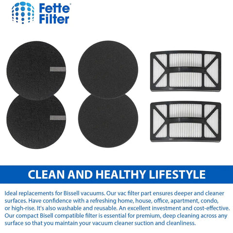 Vacuum Filter Kit For Rewind Pet Vacuum By Bissell with 2 pre-motor foam, 2 fiber, and 2 post-motor filters in black and white.