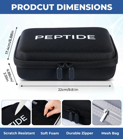 Fridge Ready Peptide Storage Case For Vials And BAC Water Insulin Fridge Holder Travel Case with dimensions and features