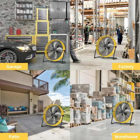 20 Inch Industrial Drum Fan Pushing 4650 Cubic Feet High Velocity Air Through Four Speed Settings Built Like A Tank For Portable Warehouse And Garage Cooling in multiple settings: garage, factory, patio, and warehouse.