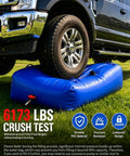 63 Gallon Water Bladder Tank Portable 2000D PVC Storage Bag under truck wheel showing durability test on grass