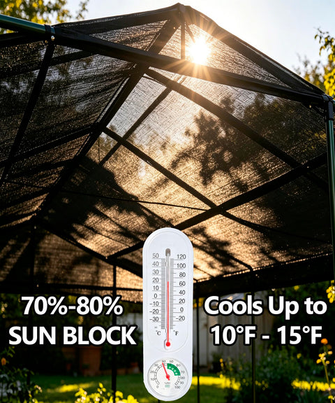 Black Shade Cloth 70 To 80 Percent UV Protection 20 Feet By 20 Feet Sun Mesh Net over pergola with sun shining through