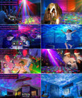 Sound Activated Disco Light Projector With Remote Control For Parties Bar Karaoke KTV Xmas Christmas Halloween Dance Floors And Home Entertainment For Party Scenes And Venues; displaying vibrant lights at a party setting.