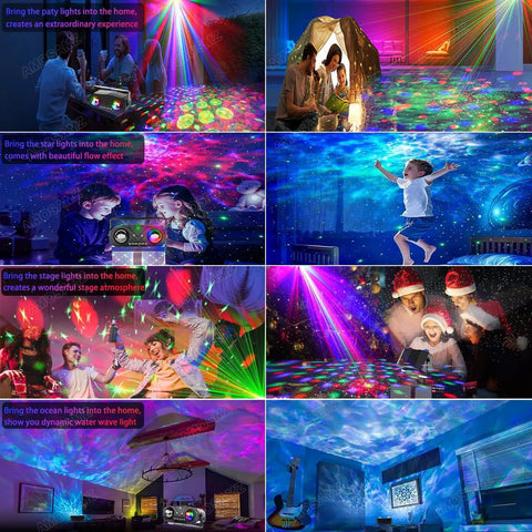 Sound Activated Disco Light Projector With Remote Control For Parties Bar Karaoke KTV Xmas Christmas Halloween Dance Floors And Home Entertainment For Party Scenes And Venues; displaying vibrant lights at a party setting.