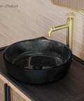 Avallon 16.5 Inch Round Glass Vessel Sink In Black For Above Counter Install Designed For Wall Mounted Faucets No Faucet Holes