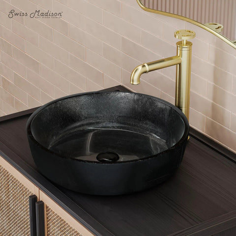 Avallon 16.5 Inch Round Glass Vessel Sink In Black For Above Counter Install Designed For Wall Mounted Faucets No Faucet Holes