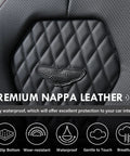 Close-up of black leather quilted pattern on dope leather car seat covers full set for front and back seats, waterproof material.