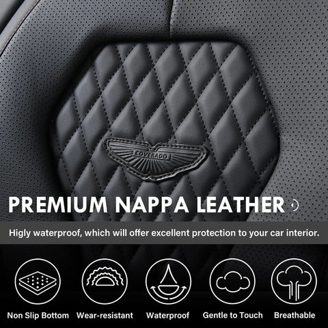 Close-up of black leather quilted pattern on dope leather car seat covers full set for front and back seats, waterproof material.