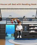 Twin Size Low Loft Bed With Built-In Bookshelf And Reading Nook, LED Night Light, Three Drawers, Under-Bed Play Space, Black Finish