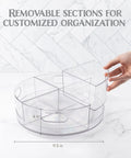 Clear Acrylic Lazy Susan Turntable With Four Removable Sections And Easy Grip Handles Smooth 360 Rotation For Kitchen Fridge And Cabinet showing section removal.