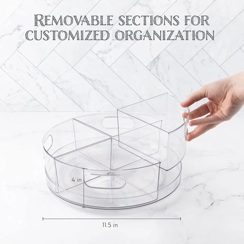 Clear Acrylic Lazy Susan Turntable With Four Removable Sections And Easy Grip Handles Smooth 360 Rotation For Kitchen Fridge And Cabinet showing section removal.