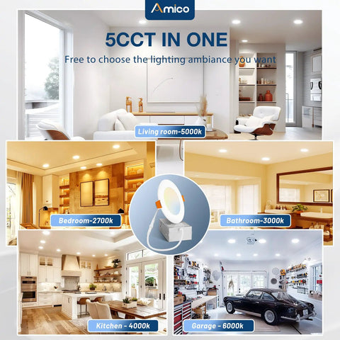 16 Pack 4 Inch Ultra Thin LED Recessed Ceiling Light With Junction Box 5 CCT Selectable shown in various room settings