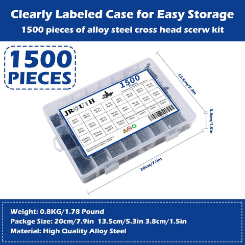 All In One 1500-Piece M2 To M5 Screws Assortment Kit with labeled storage case for home improvement and mechanical repairs.
