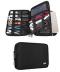 Open and closed views of Double Layer Electronic Accessories Organizer Bag For Cables USB Drives And Gadgets Lightweight Travel Gadget Pouch With Padded Inner Compartments Fits iPad Mini And Other Small Tablets Black