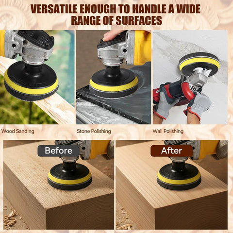 4 Inch Angle Grinder Sander Kit showing wood sanding, stone polishing, and wall polishing applications