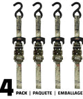 Mossy Oak Camo Ratchet Tie Down Straps One Inch Wide By Ten Feet Long Four Pack showing steel hooks and no fuss handles.