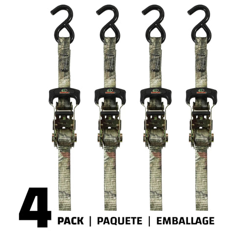 Mossy Oak Camo Ratchet Tie Down Straps One Inch Wide By Ten Feet Long Four Pack showing steel hooks and no fuss handles.